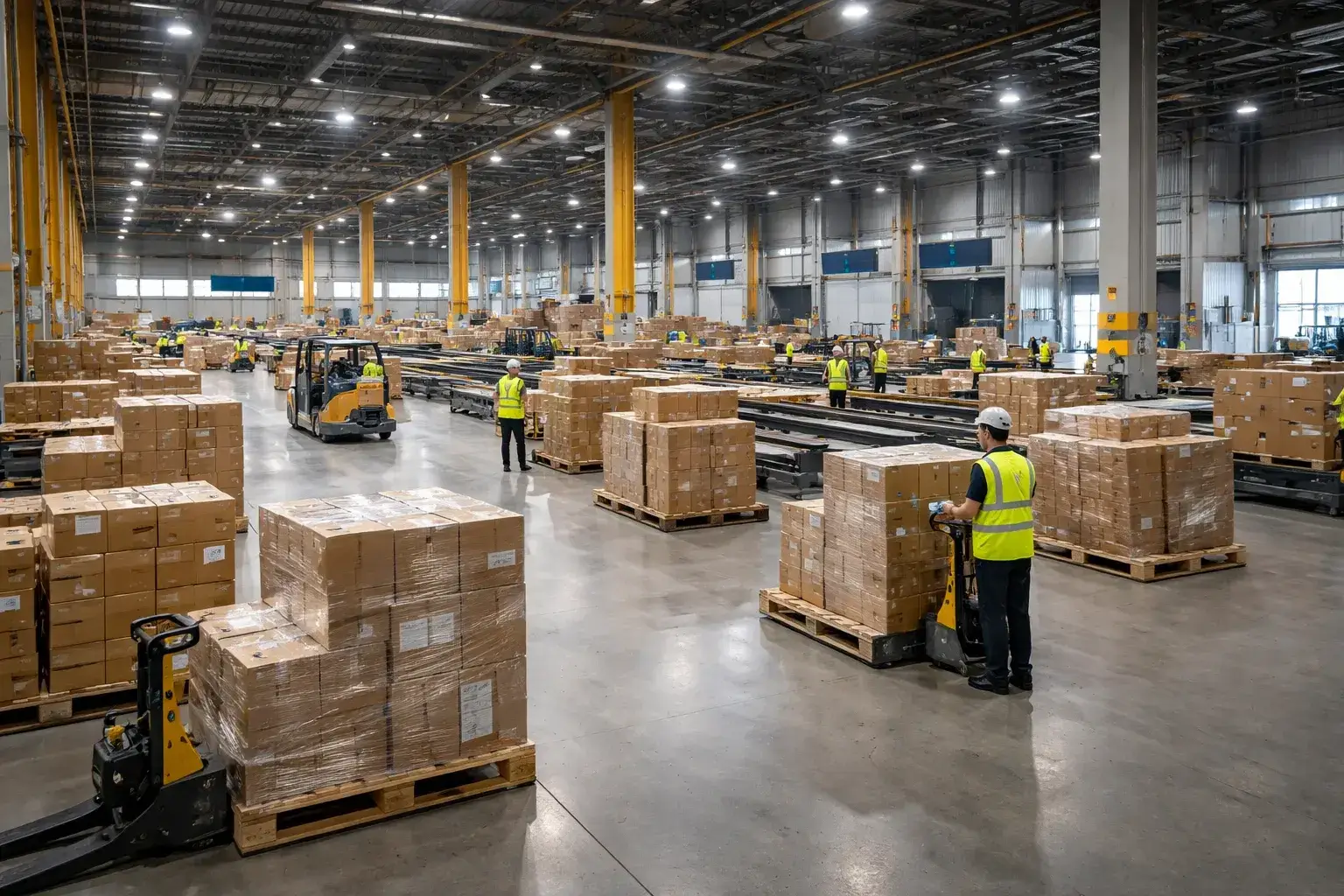 Interior of a cargo logistics hub with pallets being sorted