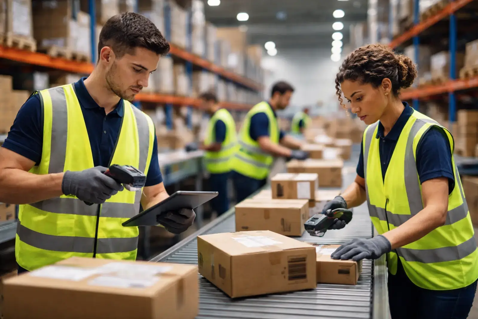 Workers sorting packages in a warehouse using scanning devices