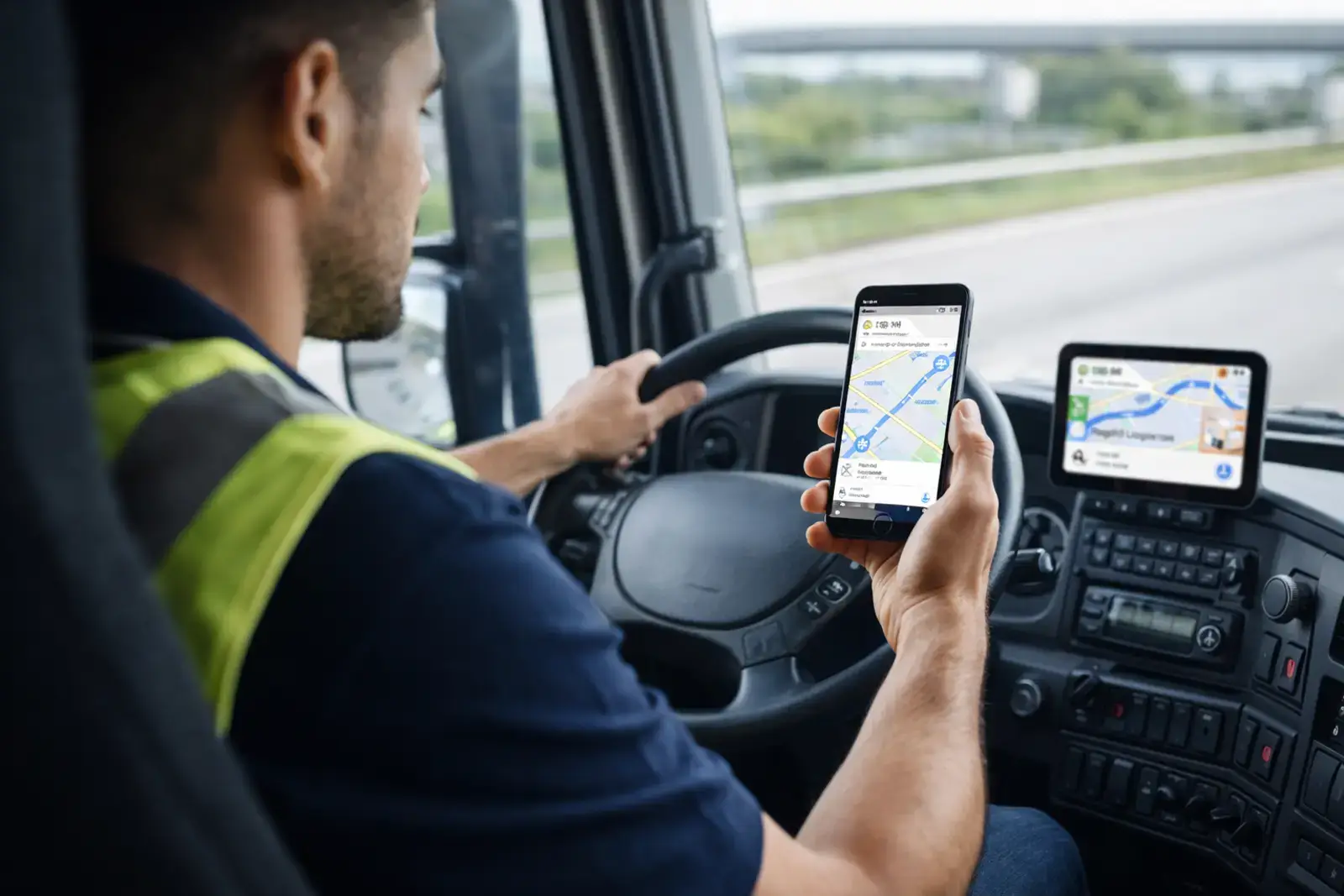 Delivery driver using a mobile app to check routes while driving a cargo truck