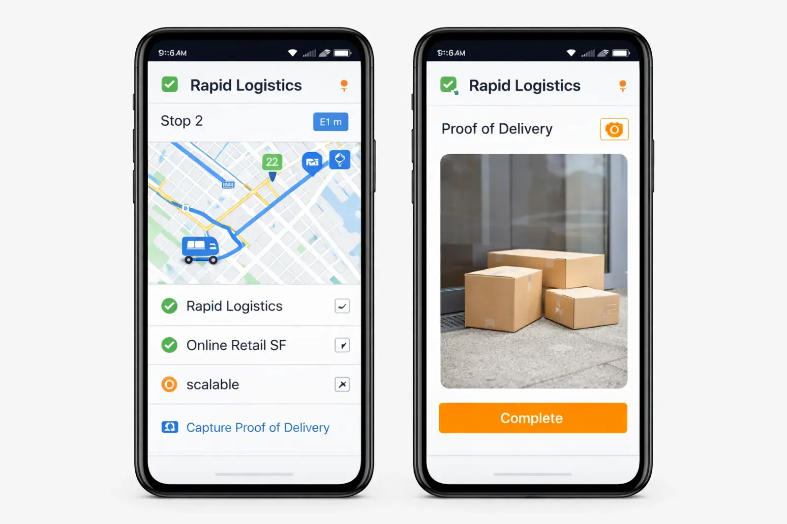 Mobile application interface showing deliveries, route information and proof of delivery upload