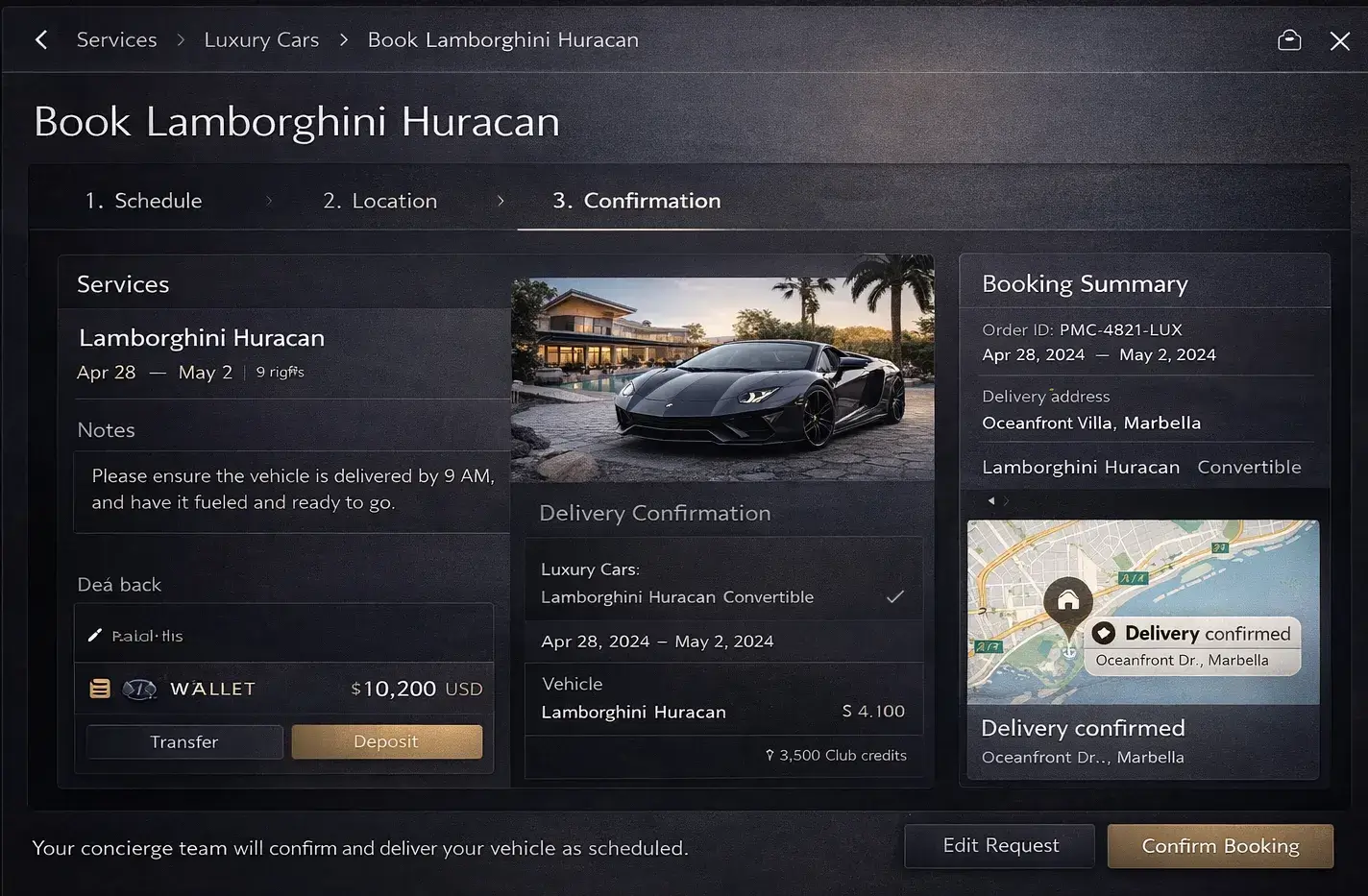 Service booking flow concept showing scheduling, delivery location, and confirmation.