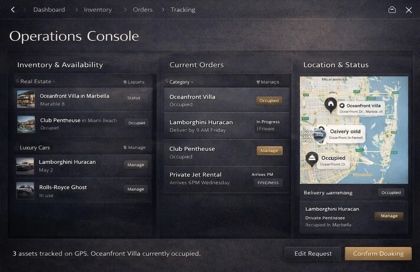 Operations panel concept for managing assets, availability, and tracking.