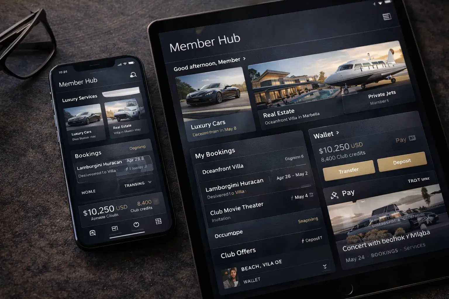 Main dashboard concept for a private membership club platform with services, bookings, and wallet.