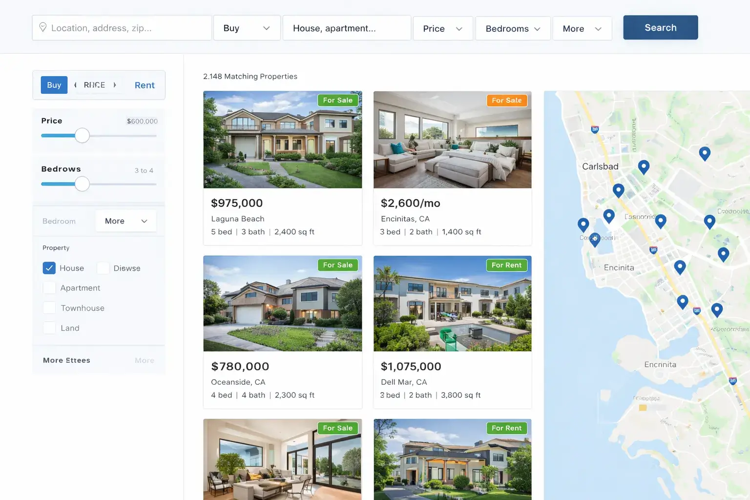 Public real estate listings with search and filters